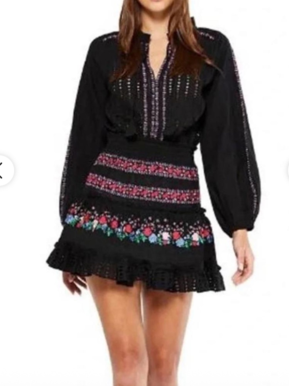 MISA Los Angeles Black Embroidered Long Sleeve Mini Dress - S